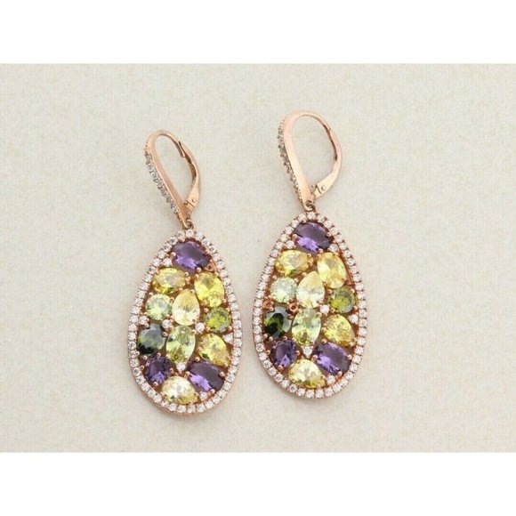 Rose Gold over Sterling Silver Multi Color Cz Earrings Dangle Drop Earrings - Picture 1 of 7